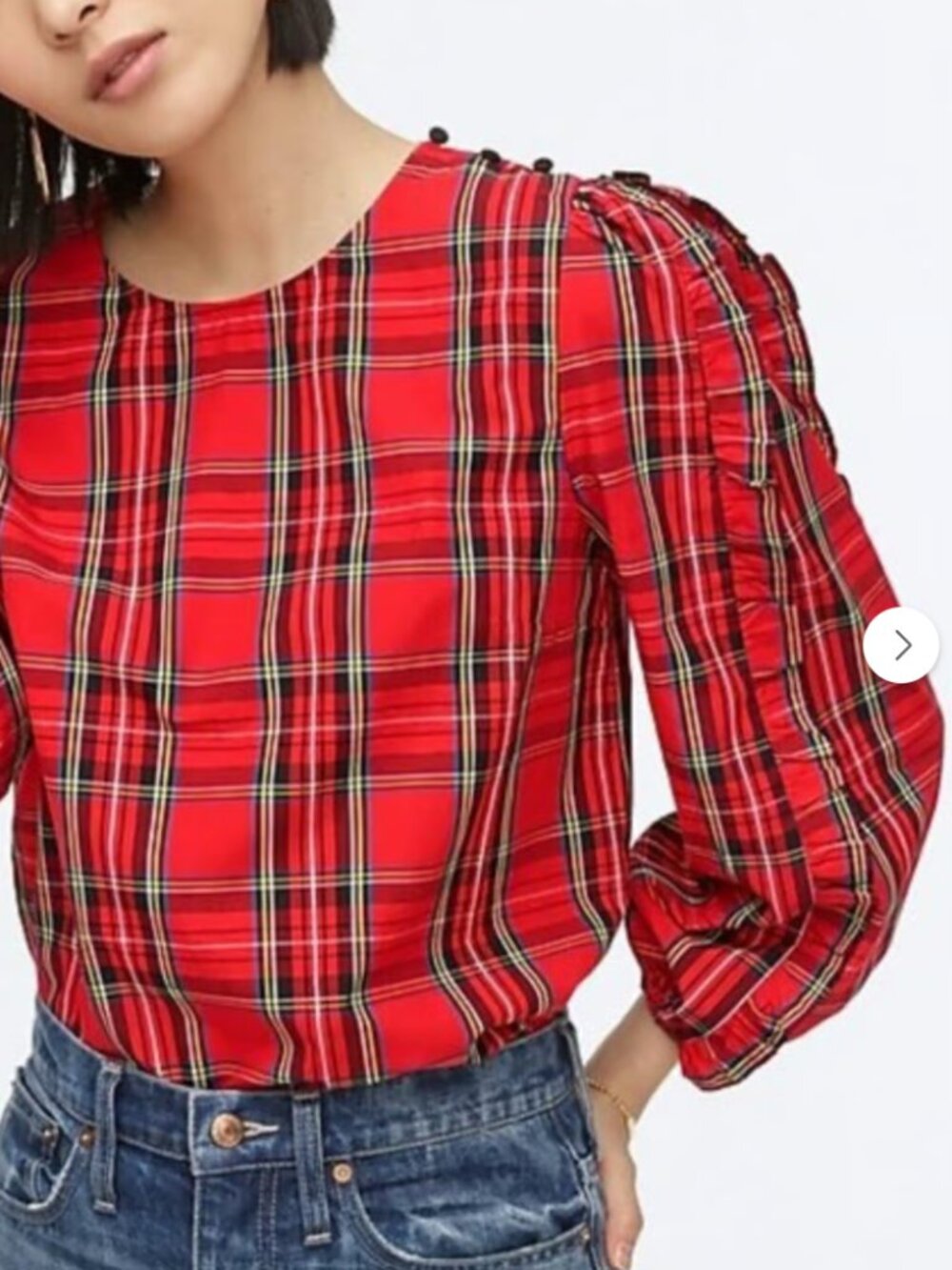 J. Crew Red Ruffle 3/4 Puff Sleeve in Stewart Tartan Black Button Detail EUC Med